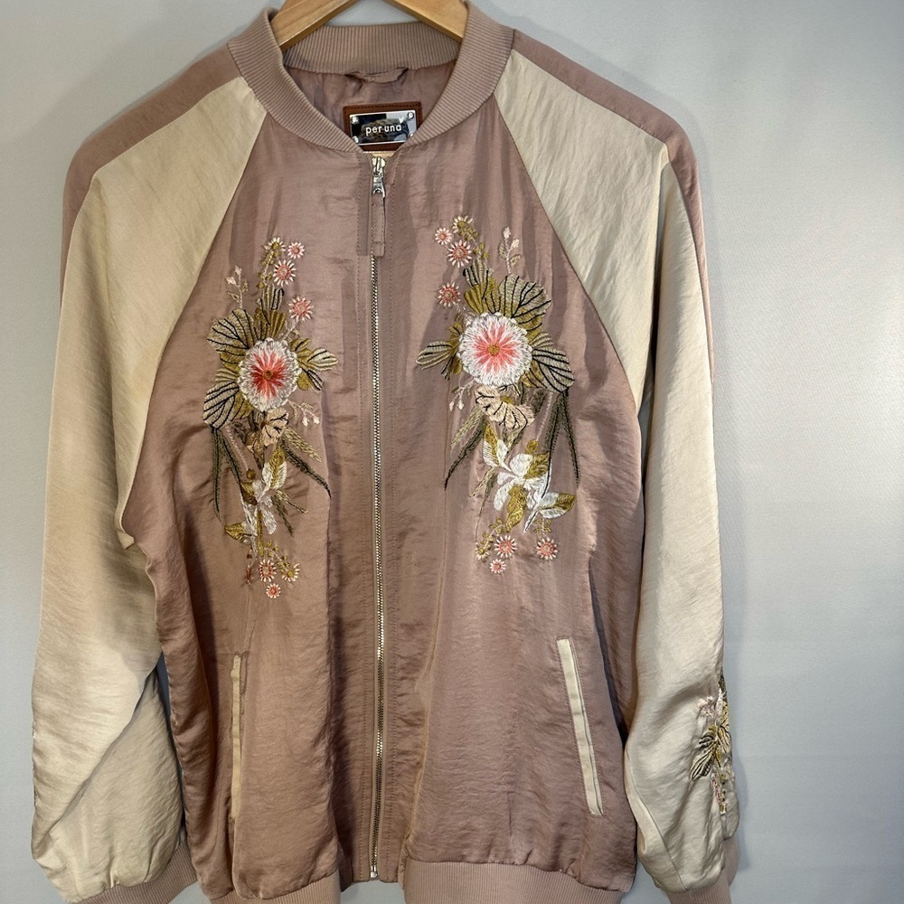 Per Una Embroider Pink Cream Floral Flower Long Sleeve Front Zip Bomber Jacket